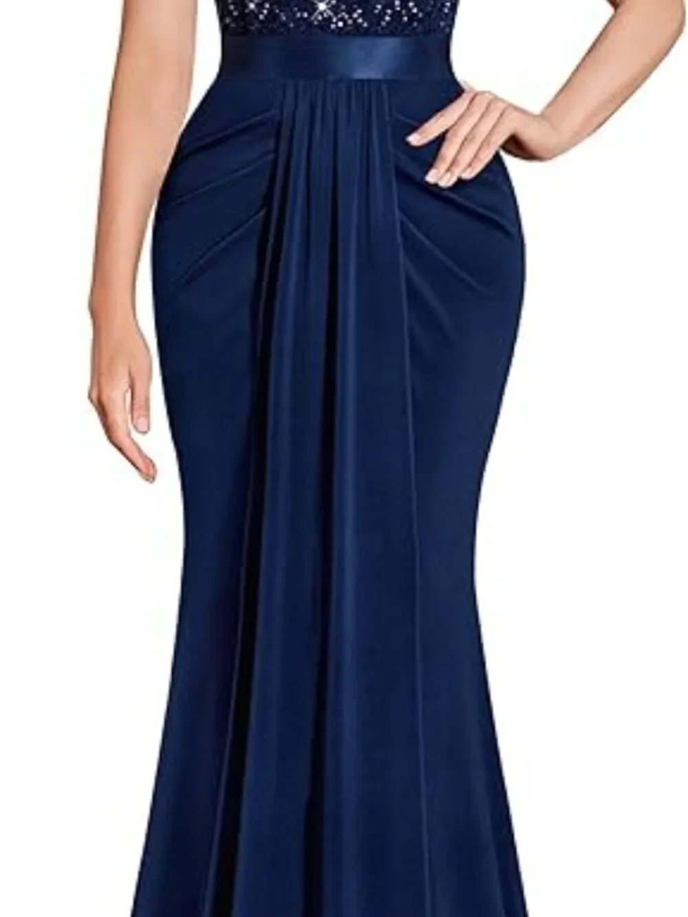 Women's Deep V-Neckl Lace Sequin Pleated Evening Formal Dress NAVY BLUE - Picture 5 of 6